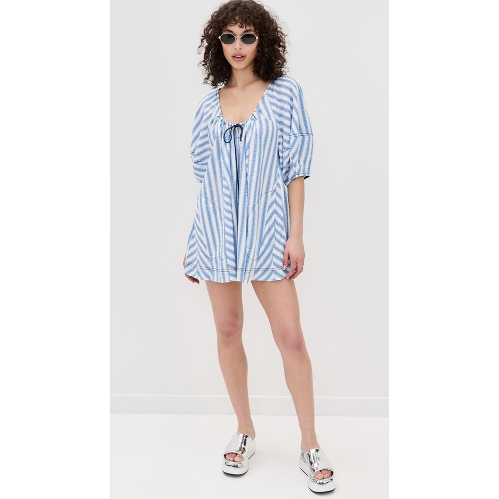 Free People Bop Around Romper in Oxford Combo Blue and White Striped Size Small